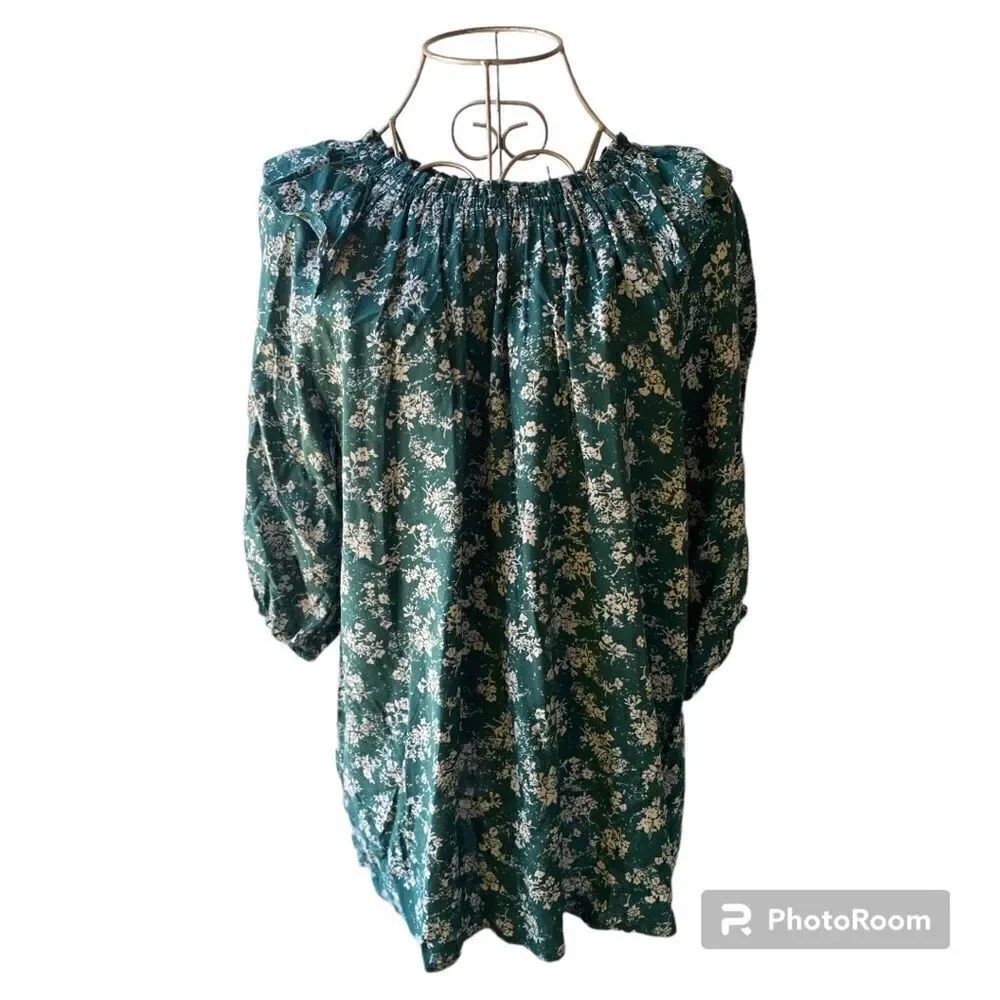 Doe & Rae Green Floral Ruffle Neck Top Size Small - Picture 1 of 11